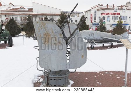 Evpatoria, Crimea, Russia - February 28, 2018: Two-gun 14.5-mm Marine Turbine Unit 2m-7 In The Museu