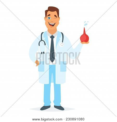 Vector Cartoon Style Man Doctor Character Smiling And Holding Red Color Enema. Isolated On White Bac