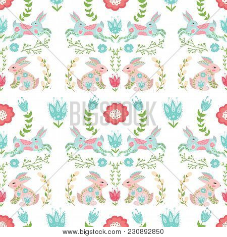 Easter Concept Seamless Pattern. Cute Folk Rabbits In Flowers. Seamless Pattern