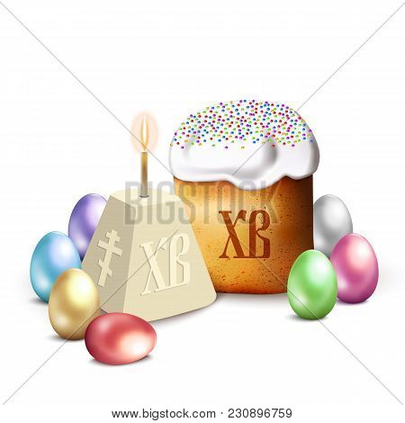 Russian Easter Cake, Cottage Cheese, Colorful Eggs And Candle. Isolated On White Vector Illustration