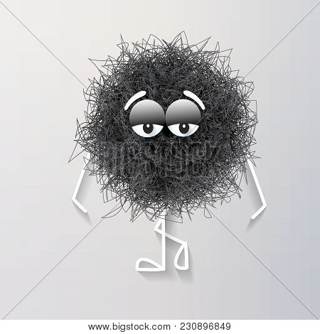 Fluffy Cute Black Spherical Creature Thinking And Stressed
