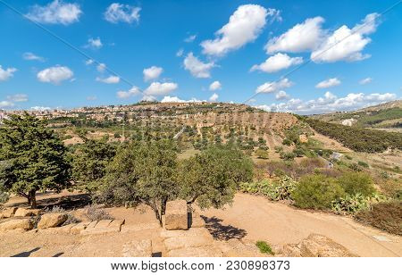 View Of Agrigento Town From The Temples Valley Archaeological Park, Sicily, Italy