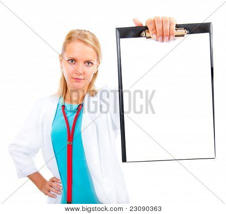Doktor ukazuje použití držáku