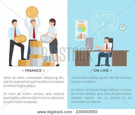 Finance And Online Set Of Cartoon Posters. Vector Illustration Of Smart Males And Female Holding Lar
