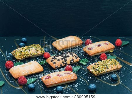 Vegan Cakes Decorated With Mint And Berries. Product Photography For Patisserie.