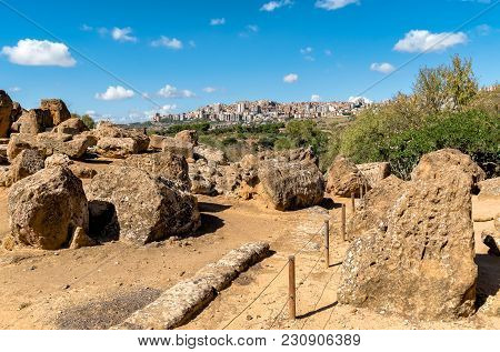 View Of Agrigento Town From The Temples Valley Archaeological Park, Sicily, Italy