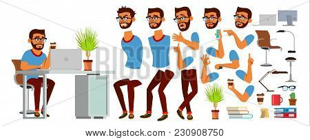 Business Man Character Vector. Working Hindu Male. Business Start Up. Modern Office. Coding, Softwar