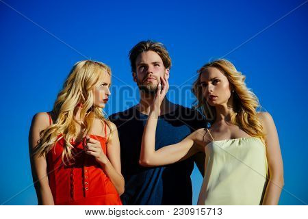 Beauty And Summer Fashion. Love Triangle And Romance. Man With Beard With Twins, Relations. Family T