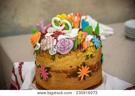 Traditional Wedding Ukrainian Bread Korovai With Flowers