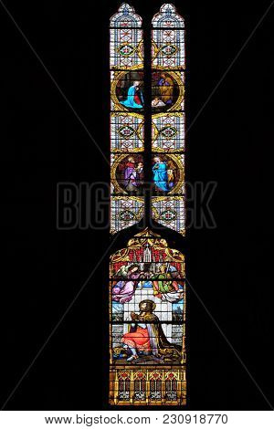ZAGREB, CROATIA - APRIL 04: Saint Ladislaus, stained glass in Zagreb cathedral dedicated to the Assumption of Mary in Zagreb on April 04, 2015