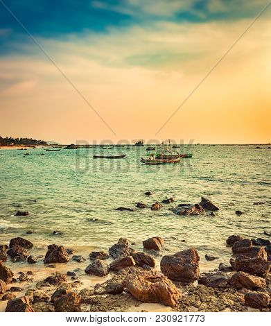  Seascape at sunset time. Beautiful landscape of the Indian ocean. Amazing view. 