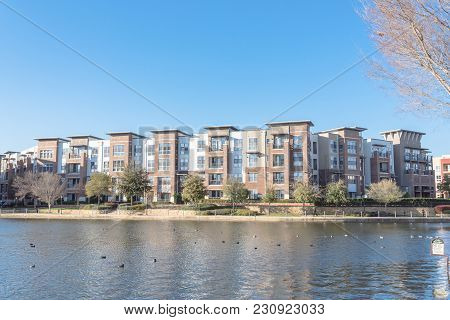 Lakeside Apartment Building Complex With Blue Sky In America