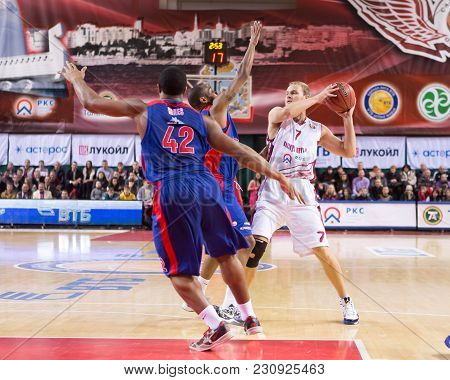 Samara, Russia - December 01: Bc Krasnye Krylia Guard Anton Ponkrashov #7 With Ball During The Bc Cs
