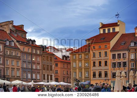 Warsaw, Poland - April 28, 2017: Warsaw Old Town Market Place - Rynek Starego Miasta On A Sunny Day,