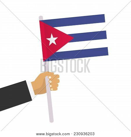 Man Holds Cuban Flag. Hand Holding Flag. Vector Stock.
