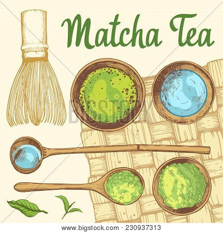 Japanese Ethnic And National Tea Ceremony. Matcha. Traditions Of Teatime. Decorative Elements For Yo