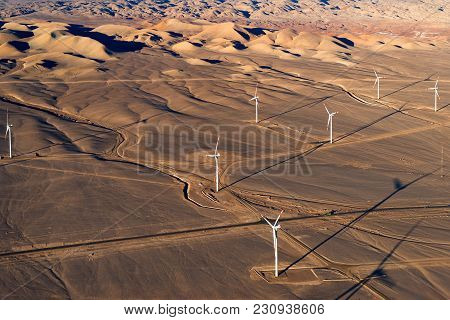 Aerial View Of An Eolic Park In The Atacama Desert Outside The City Of Calama, Chile