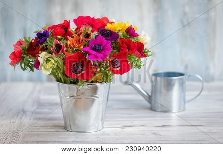 Colorful Spring Flowers: Anemones And Freesies In A Bucket