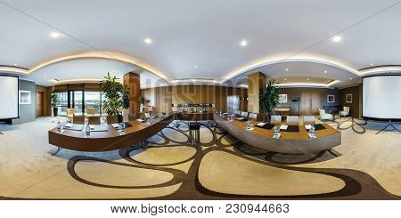 Minsk, Belarus - July 27, 2017: 360 Panorama View In Interior Of Luxury Empty Conference Hall For Bu