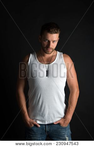 Man With Unshaven Face In Studio. Style And Look, Barber. Handsome Mucho Guy In Vest. Fashion Model 