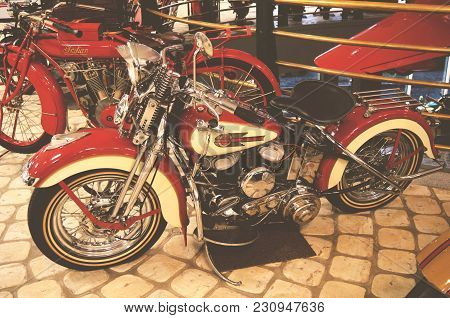 Moscow, Russia - January 6, 2018: Vadim Zadorozhny Technology Museum, Motorcycle Harley-davidson