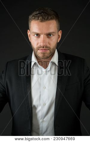 Businessman In Jacket And Shirt, Dress Code. Man With Bearded Face, Blond Hair, Haircut, Style. Fash
