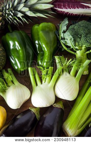 Assortment Of Fruits And Vegetables On A Wooden Table. Healthy Detox Diet. Sports Nutrition. Super F