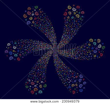 Multi Colored Light Bulb Cyclonic Burst On A Dark Background. Impressive Spiral Combined From Scatte