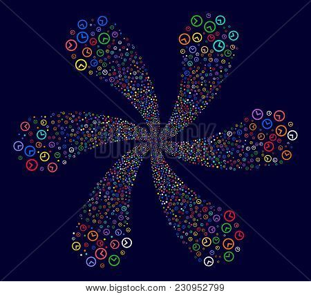 Psychedelic Clock Twirl Bang On A Dark Background. Suggestive Whirlpool Combined From Randomized Clo