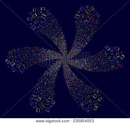 Multi Colored Mobile Devices Twirl Burst On A Dark Background. Suggestive Flower Done From Randomize