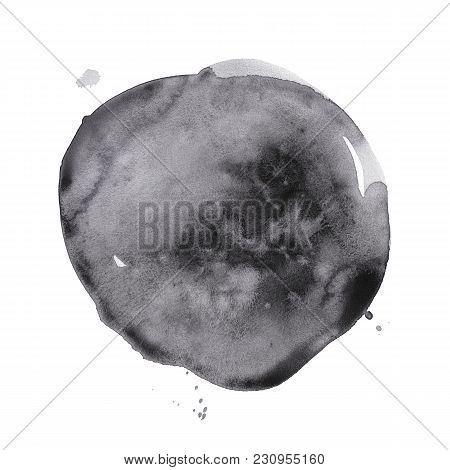 Hand-drawn Watercolor Black Round Spot. Ink Cirkle Stain. Use For Wrap, Wallpaper, Website, Decor. I