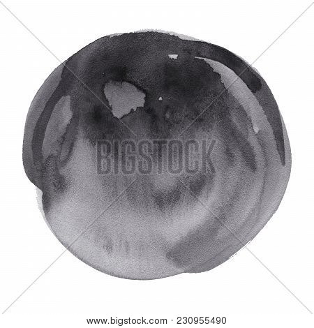 Hand-drawn Watercolor Black Round Spot. Ink Cirkle Stain. Use For Wrap, Wallpaper, Website, Decor. I