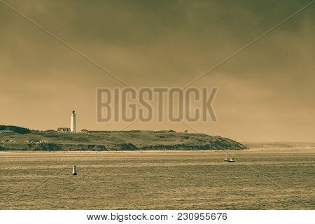 Beautiful Seascape Sea Horizon And Coastline With Lighthouse Hirtshals, Denmark, Europe.