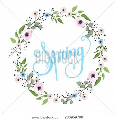 Floral Wreath With Green Eucalyptus Leaves. Frame Border With Copy Space.