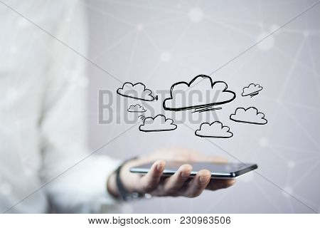 Concept View Of Cloud Stockage With Icon Around A Smartphone