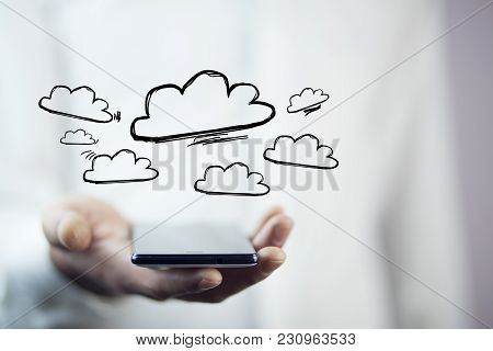 Concept View Of Cloud Stockage With Icon Around A Smartphone