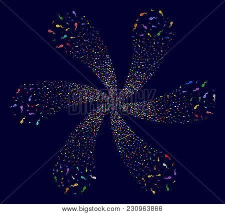 Multicolored Happy Spermatozoon Centrifugal Burst On A Dark Background. Psychedelic Centrifugal Expl