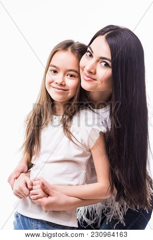 Close-up Portrait Of Smiling Mother Hugging Cute Little Daughter Isolated On White