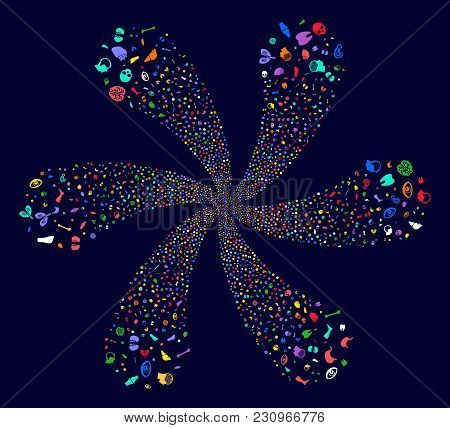 Psychedelic Human Organ Twirl Bang On A Dark Background. Psychedelic Burst Designed From Randomized 