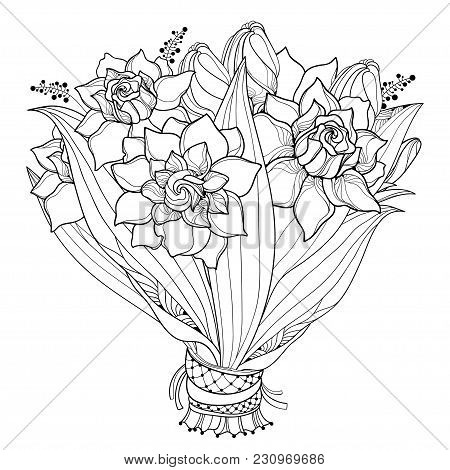 Vector Bride Bouquet With Outline Gardenia Flower, Bud And Ornate Leaf In Black Isolated On White Ba