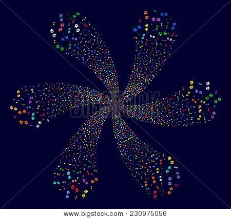 Multi Colored Paw Footprints Curl Flower Cluster On A Dark Background. Hypnotic Curl Combined From S