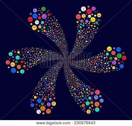 Psychedelic Clock Exploding Flower Cluster On A Dark Background. Hypnotic Whirlpool Designed From Sc