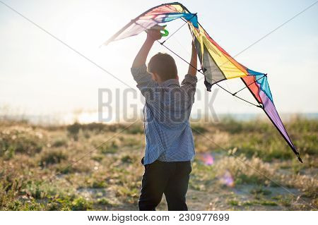 Dreamy Little Boy With Big Kite In His Hands Over His Head