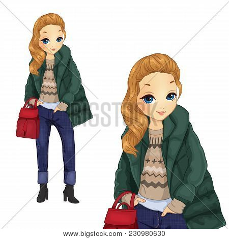 Vecktor Illustration Of Fashionable Girl In Green Jacket Holds Red Backpack