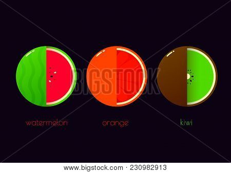 Vector Logo Of Watermelon, Oragne And Kiwi On Black Background