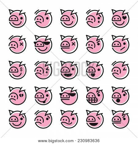 Set Of Pig Smiley Icons Different Emotions
