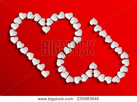 Two Inverted Hearts With Shadow For Valentines Day Made Of Small Hearts On Red Background. Design El