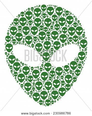 Alien Face Collage Organized In The Collection Of Alien Face Design Elements. Vector Iconized Compos