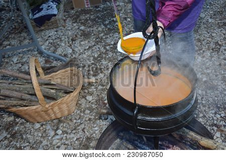 Cauldron,caldron With Hot Soup On A Christmas Market