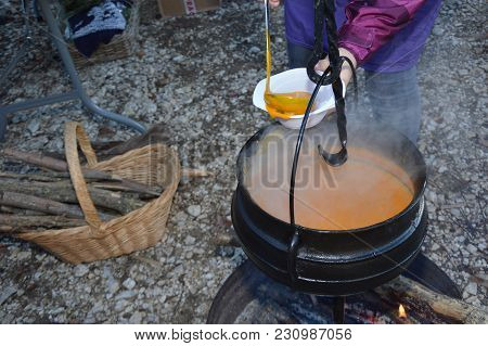 Cauldron,caldron With Hot Soup On A Christmas Market